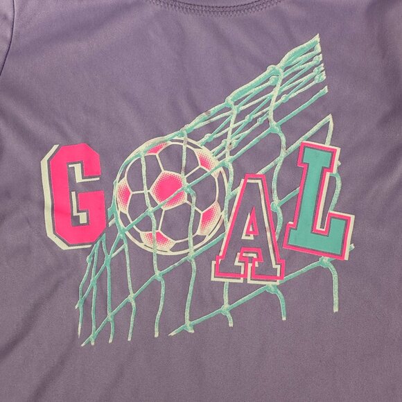 ExerTek Girls Activewear Soccer Goal Graphic T Shirt Size 6X Short Sleeve Purple - Picture 2 of 4